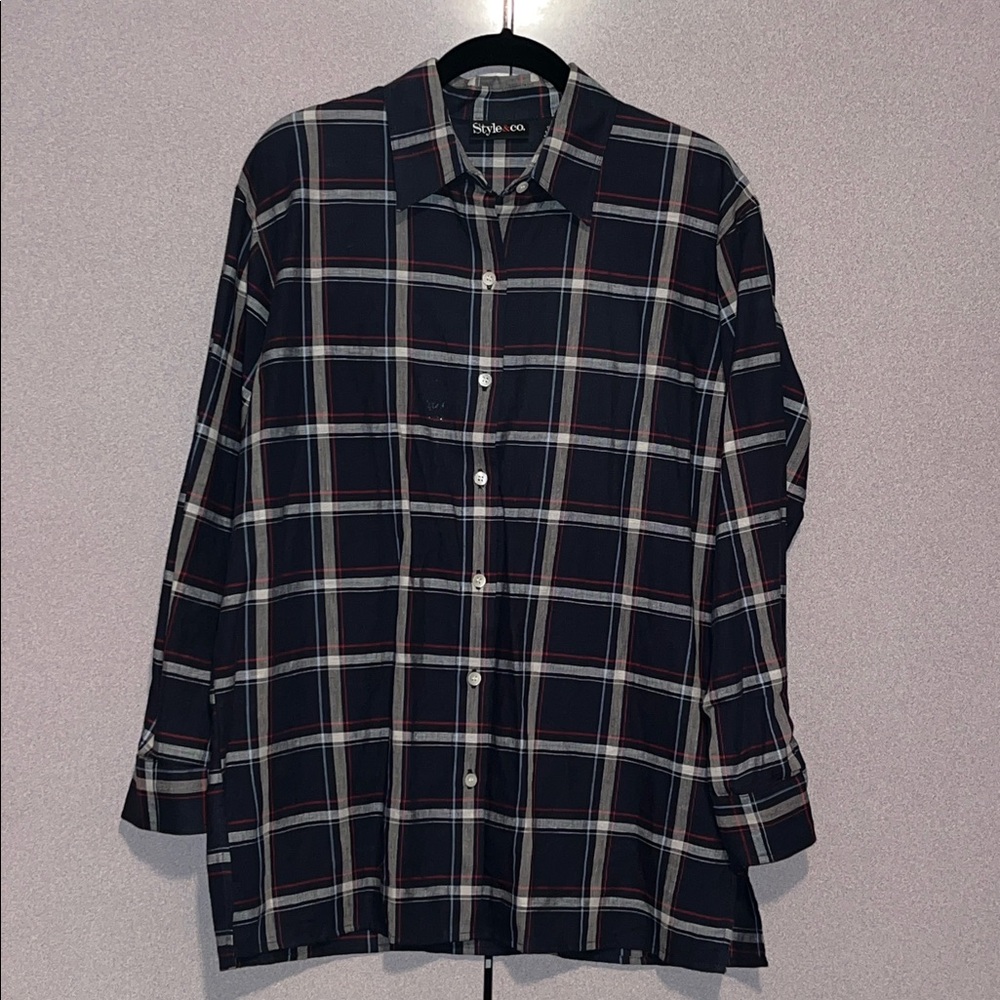 STYLE & Co Women's Navy and Red Plaid Button Down Shirt